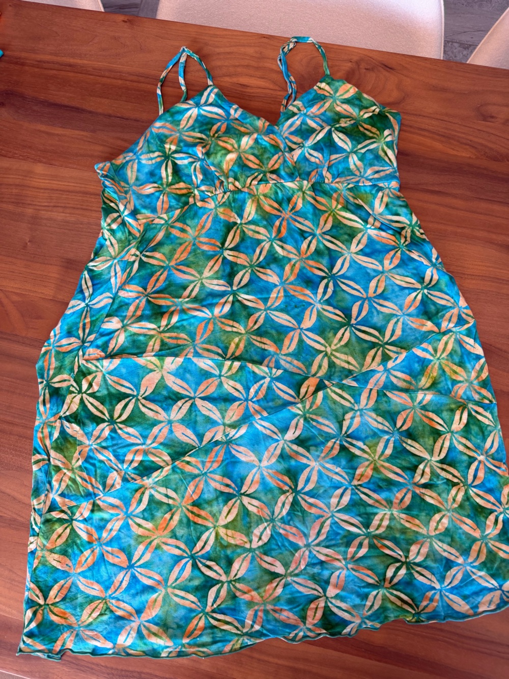 Bali Batiks Blue & Green Geometric Summer  Dress or Beach Cover. Soft Knit. XL